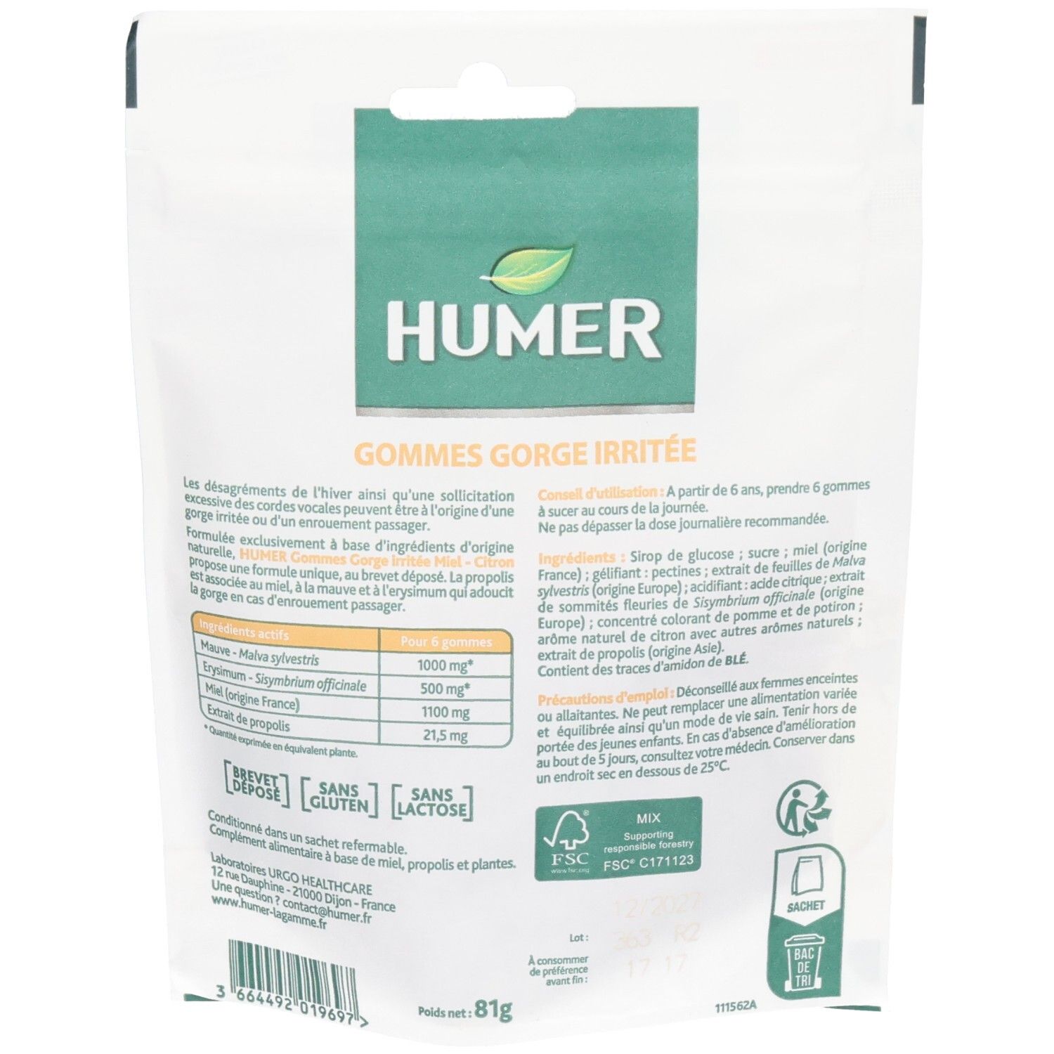 Arrière de l'emballage de gommes pour gorge irritée, avec liste des ingrédients et instructions.
