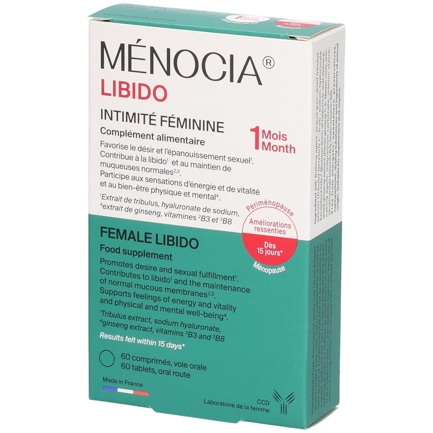 Boîte de MENOCIA LIBIDO INTIMITE FEMININE, 60 comprimés.