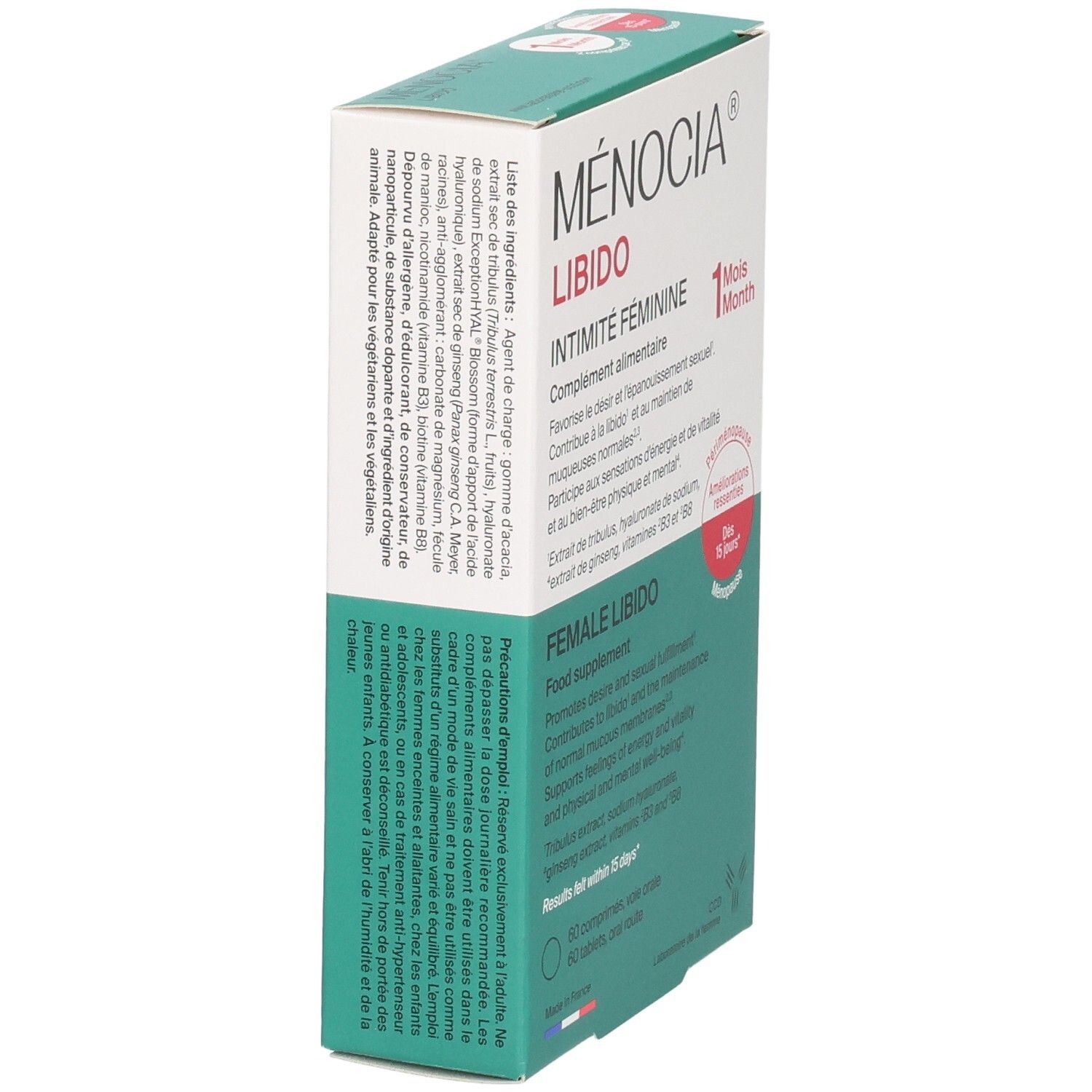 Vue latérale de la boîte de MENOCIA LIBIDO INTIMITE FEMININE, 60 comprimés.