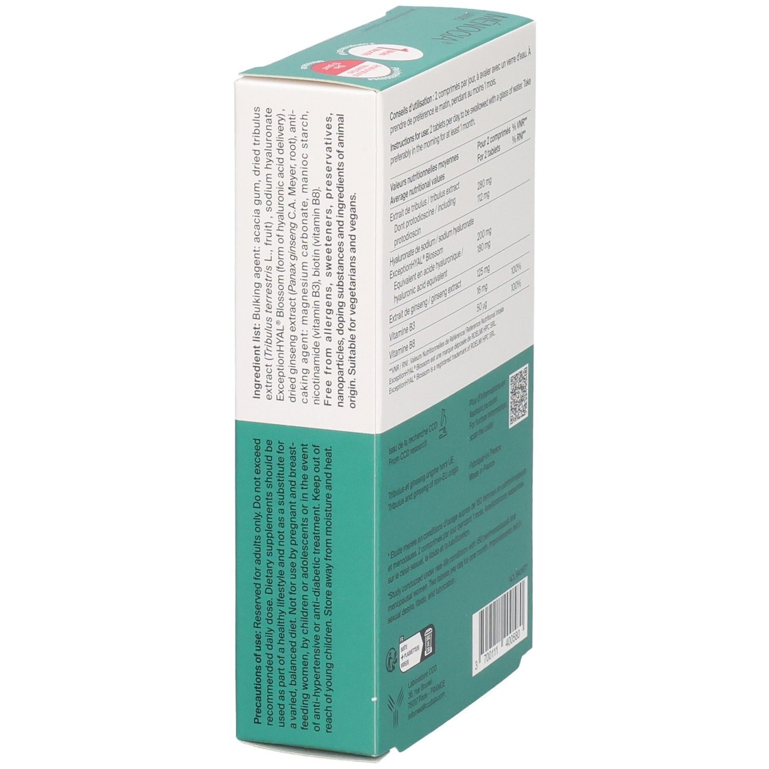 Vue latérale de la boîte de MENOCIA LIBIDO INTIMITE FEMININE, 60 comprimés.