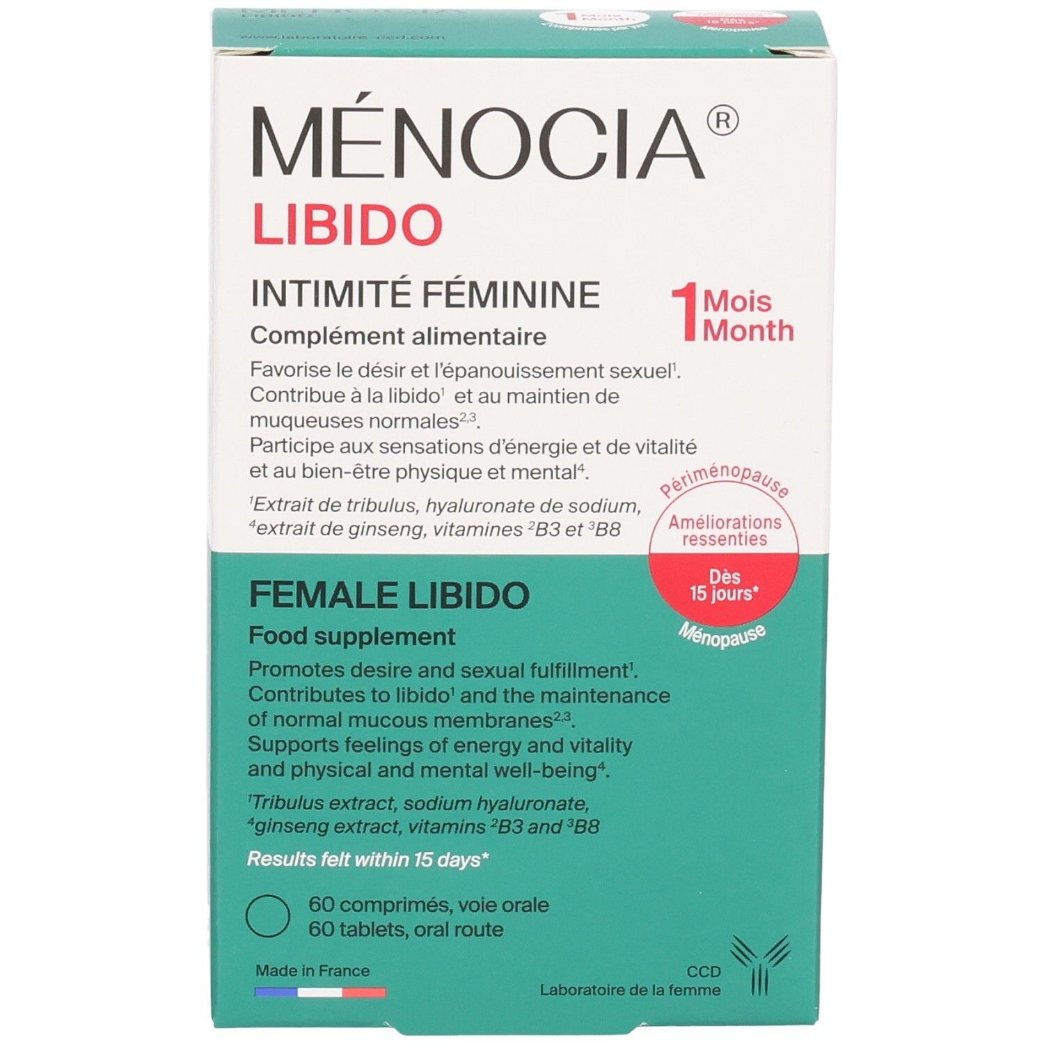 Avant de la boîte de MENOCIA LIBIDO INTIMITE FEMININE, 60 comprimés.