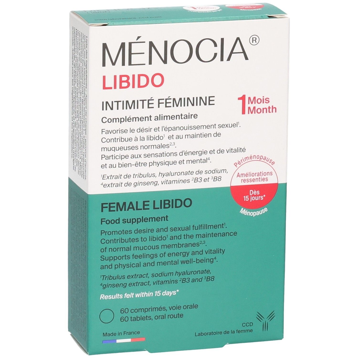 Avant de la boîte de MENOCIA LIBIDO INTIMITE FEMININE, 60 comprimés.