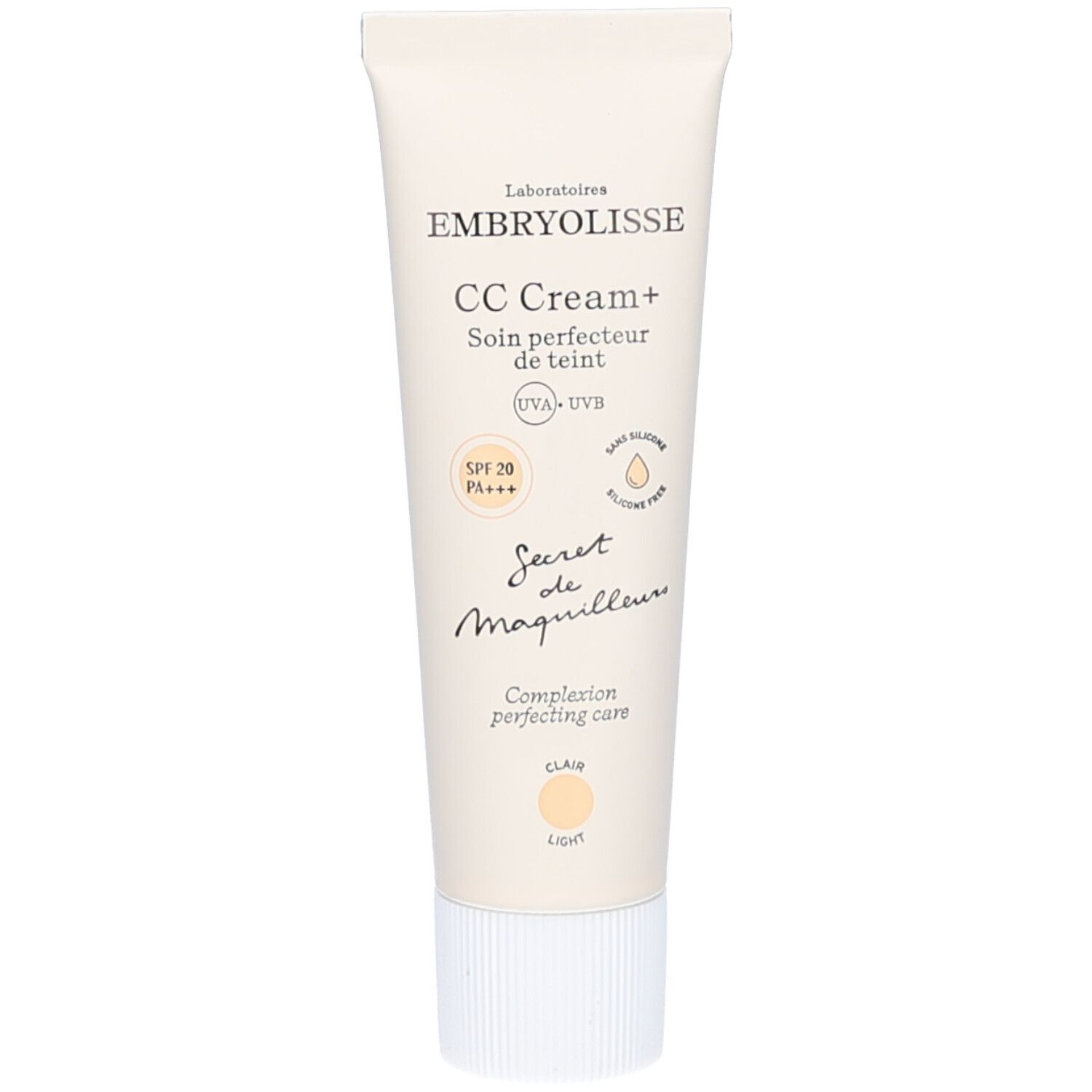 Tube de CC Cream+ Embryolisse. Inscription et SPF 20. Teinte "Clair". Tube beige.