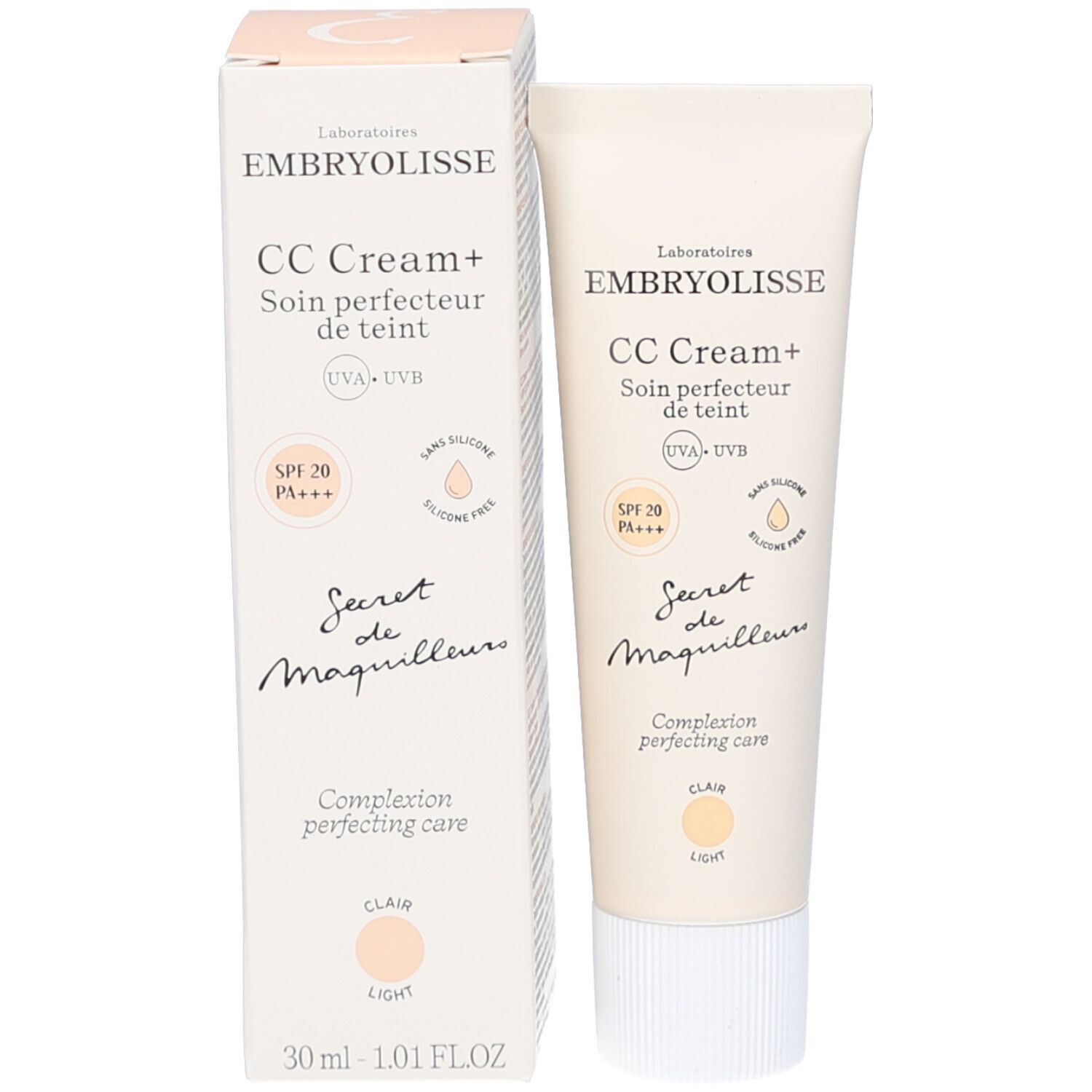 Tube et boîte de CC Cream+ Embryolisse. Nom du produit, SPF 20 et teinte "Clair".