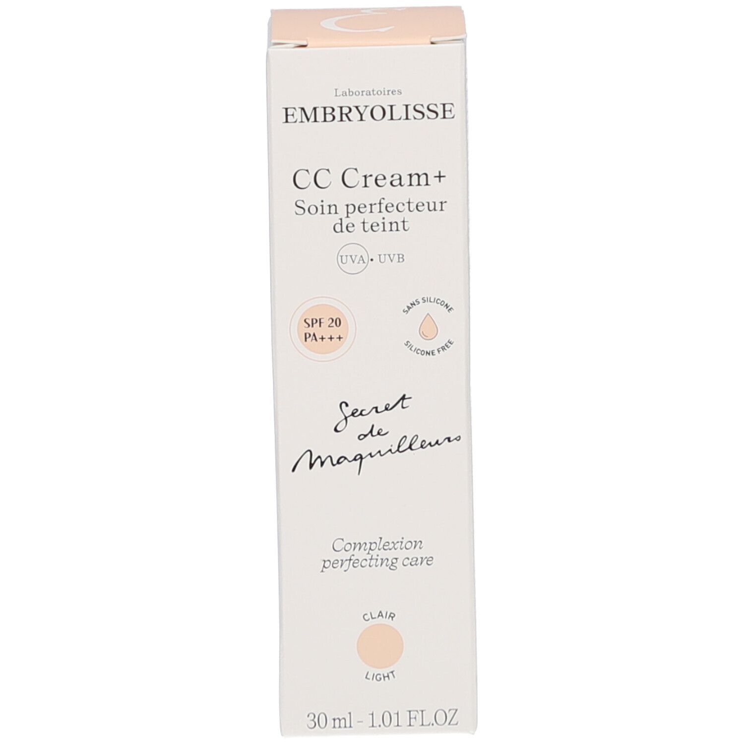 Boîte de CC Cream+ Embryolisse. Nom du produit, SPF 20 et teinte "Clair".