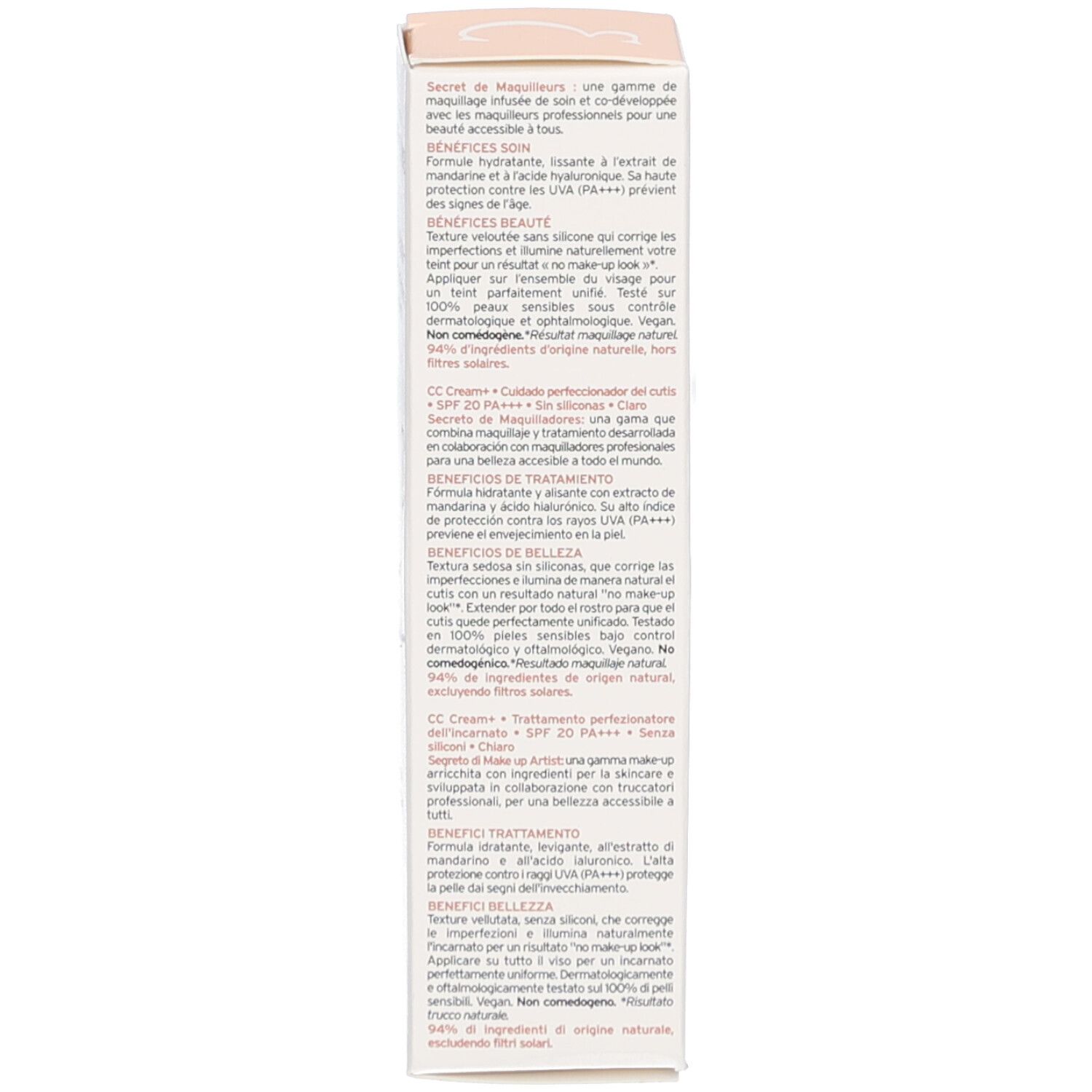 Côté de la boîte de CC Cream+ Embryolisse. Bénéfices et ingrédients.