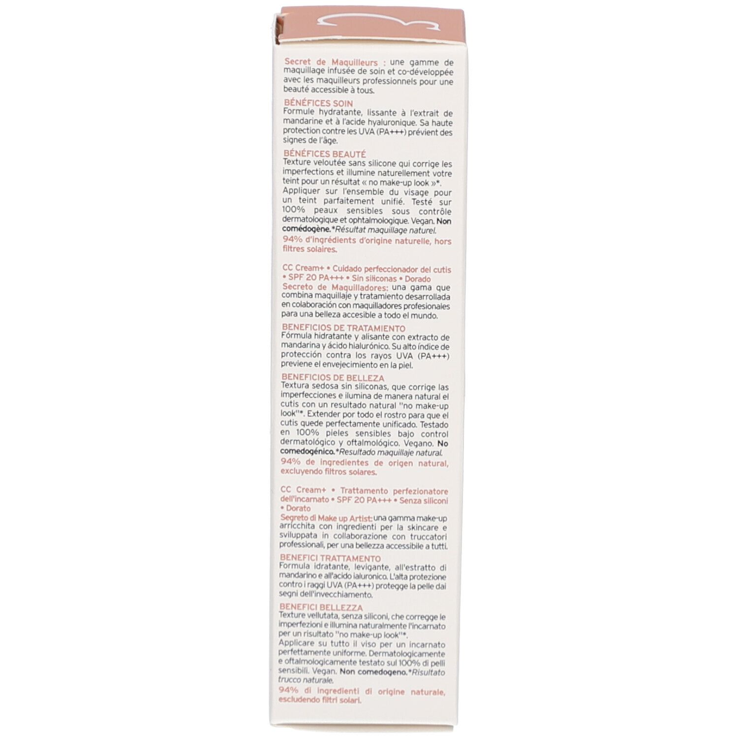 Côté de l'emballage Embryolisse CC Cream+. Texte multilingue. Avantages et ingrédients du produit.