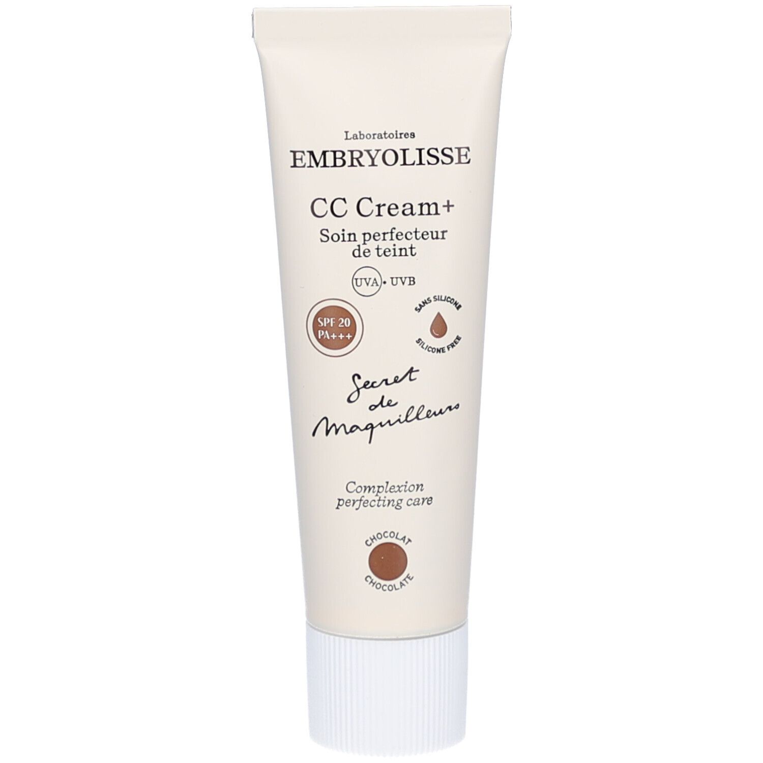 Tube de crème EMBRYOLISSE CC Cream+ Chocolate. SPF 20. Sans silicone. Inscription "Secret de Maquilleurs".
