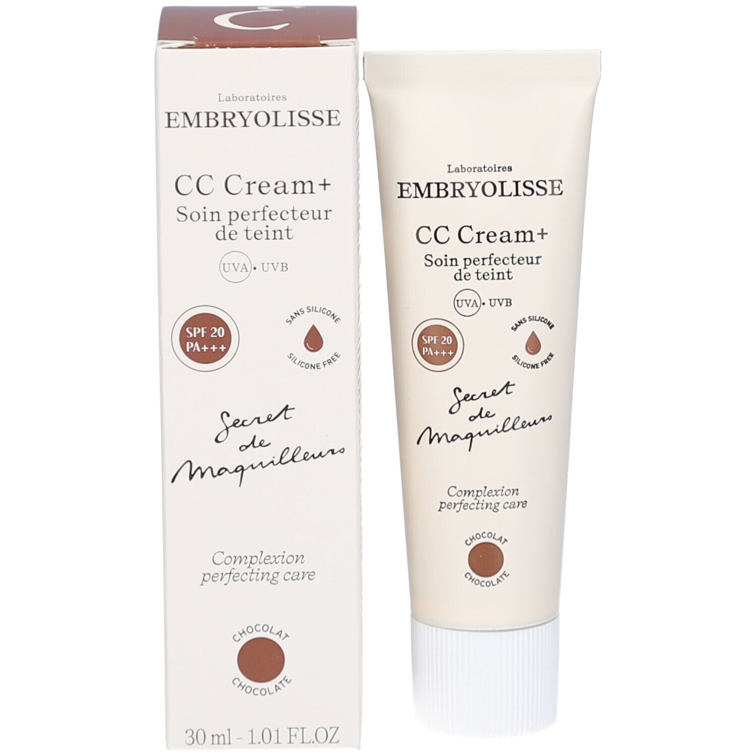Produit avec emballage. Tube et boîte EMBRYOLISSE CC Cream+ Chocolate. SPF 20.