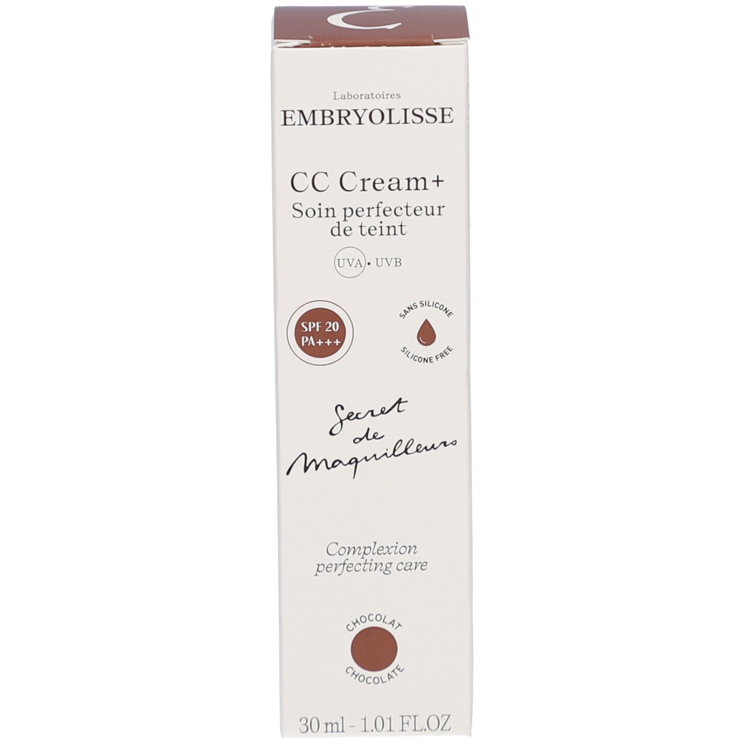 Boîte EMBRYOLISSE CC Cream+ Chocolate. SPF 20. Inscription "Secret de Maquilleurs".