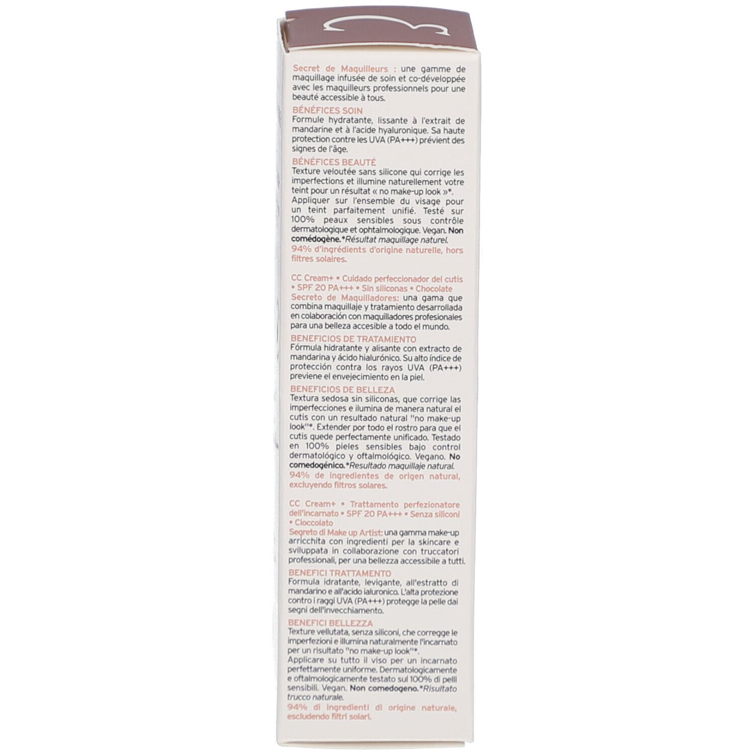 Côté de la boîte. Texte sur les avantages, les ingrédients et l'utilisation en plusieurs langues.