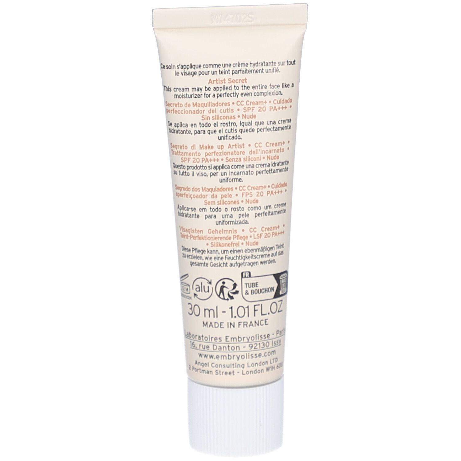 Dos du tube de crème. Texte avec informations sur le produit. Ingrédients et fabricant.