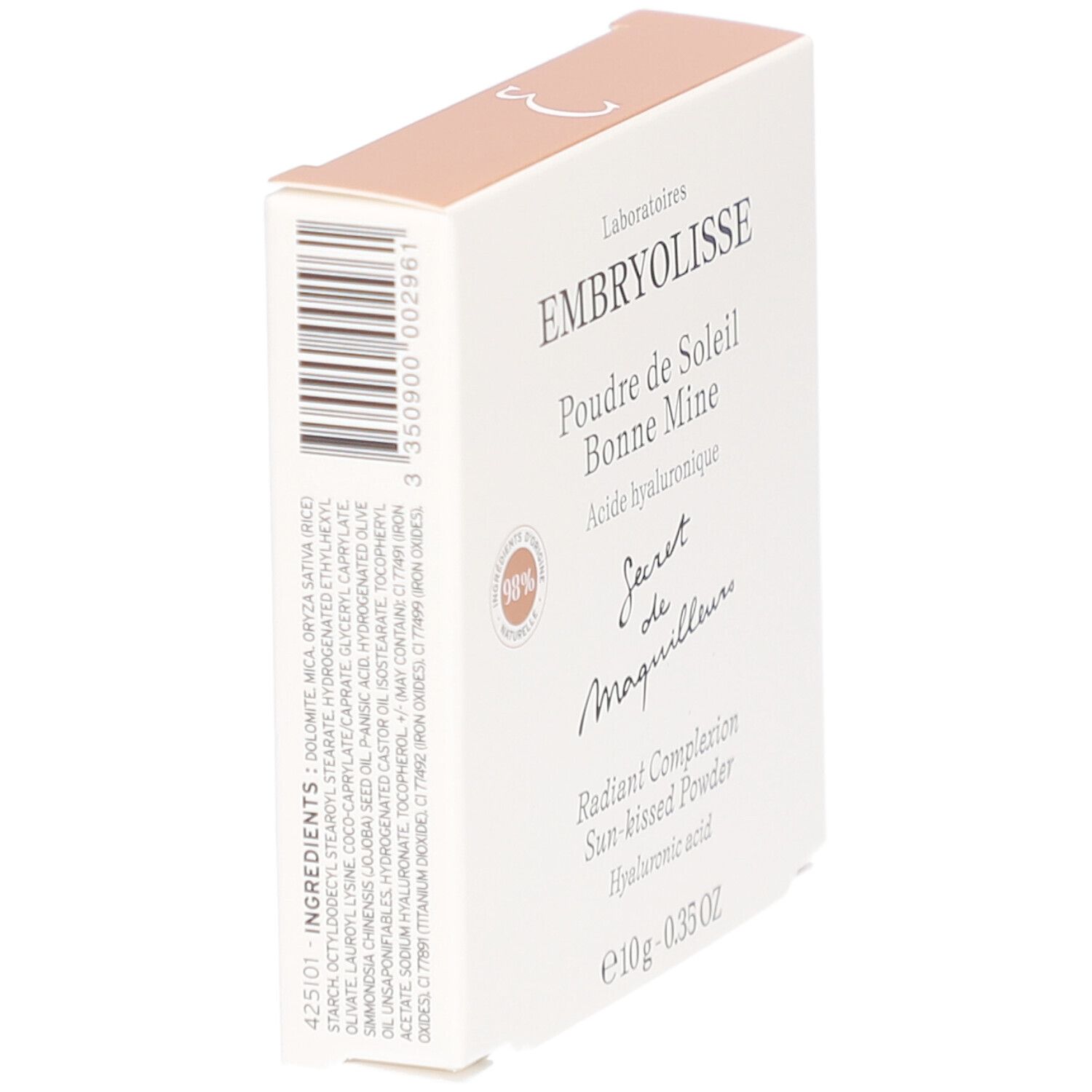 Boîte en biais. Nom du produit et marque visibles. Contient de l'acide hyaluronique. Ingrédients imprimés.