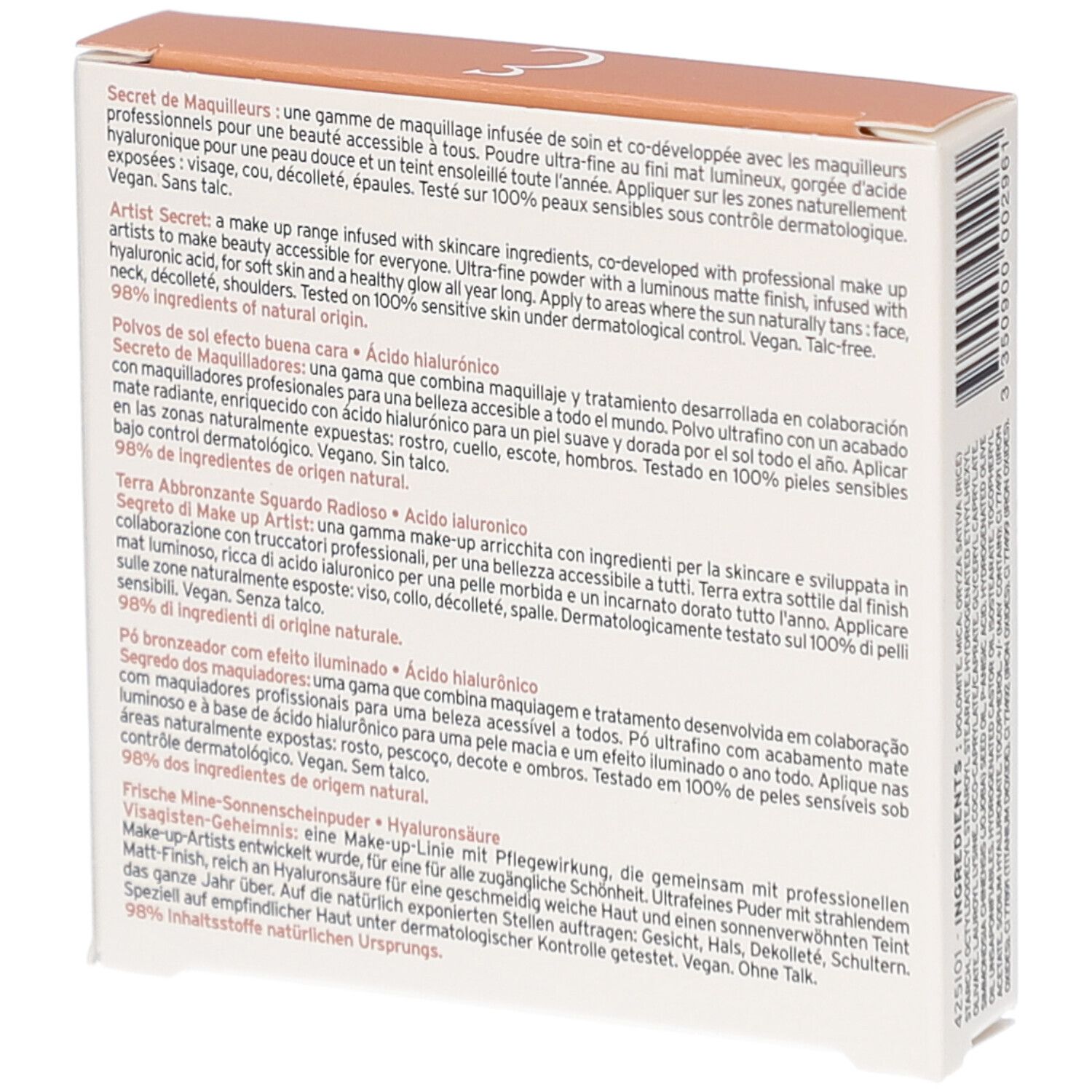 Dos de l'emballage avec texte multilingue. Contient des informations sur les ingrédients et l'utilisation.