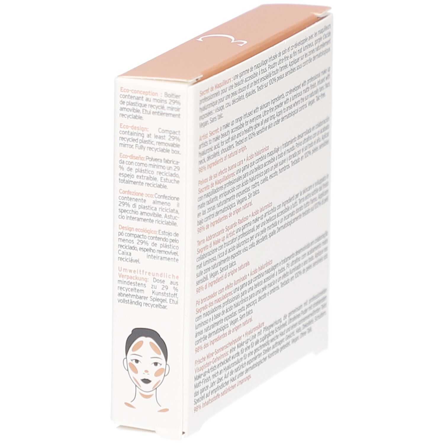 Dos de l'emballage avec texte et illustration. Contient des informations sur le recyclage.