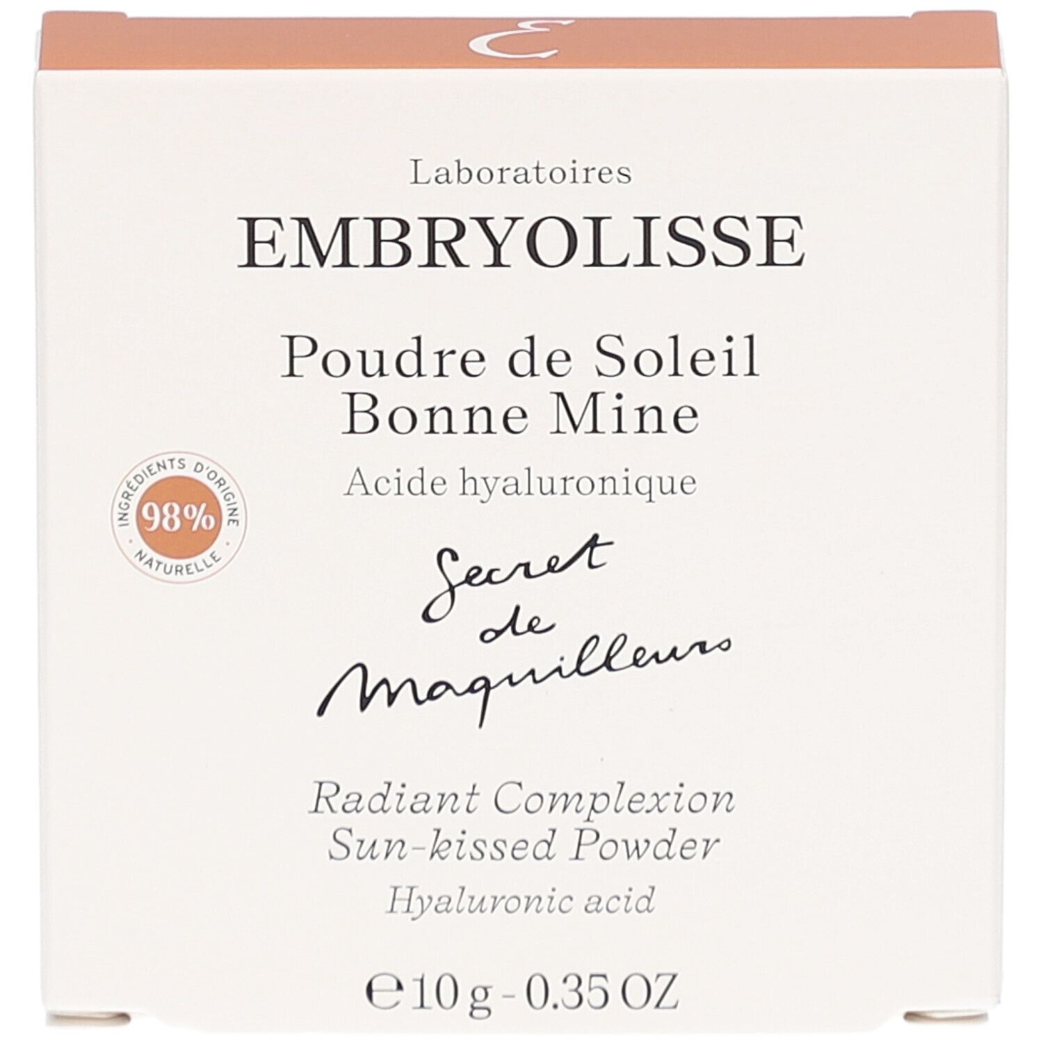 Boîte avec nom de produit et marque. Contient de l'acide hyaluronique. Ingrédients naturels à 98%.