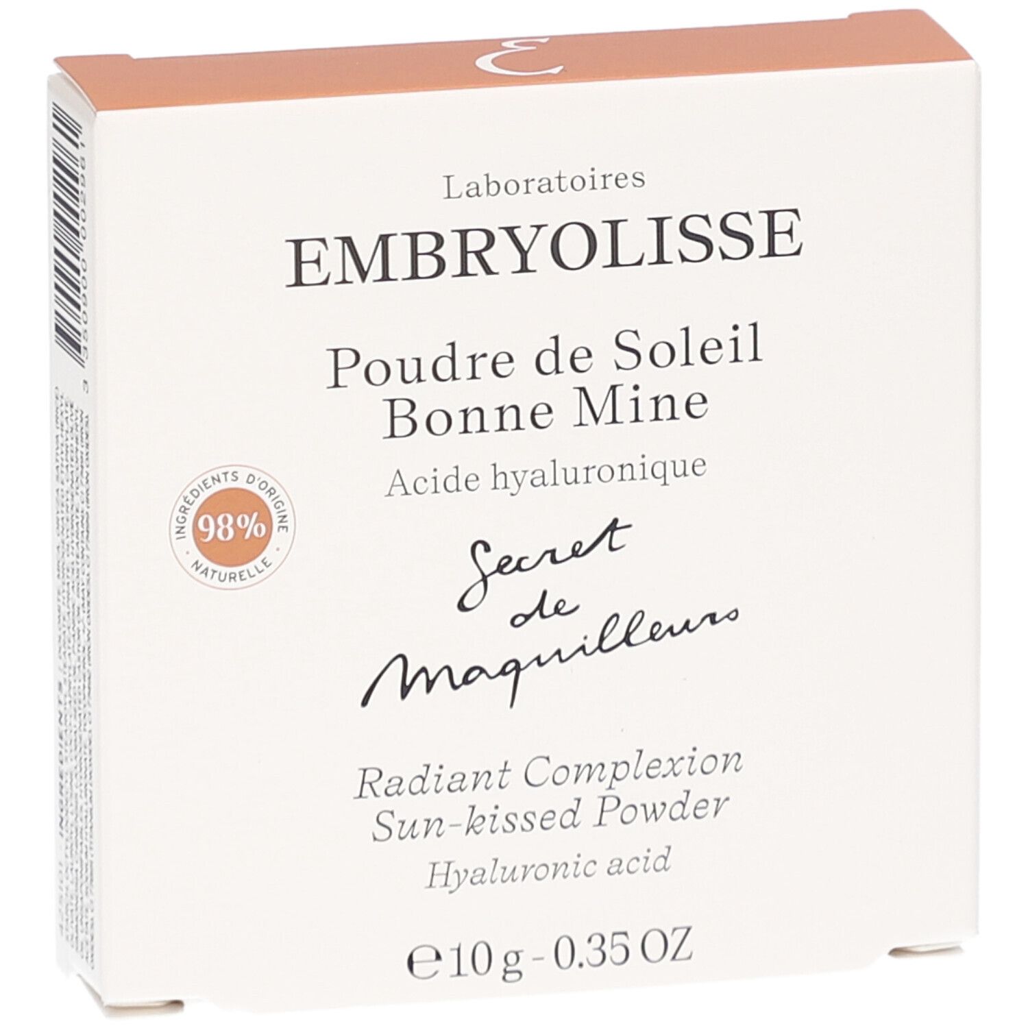 Boîte avec nom de produit et marque. Contient de l'acide hyaluronique. Ingrédients naturels à 98%.