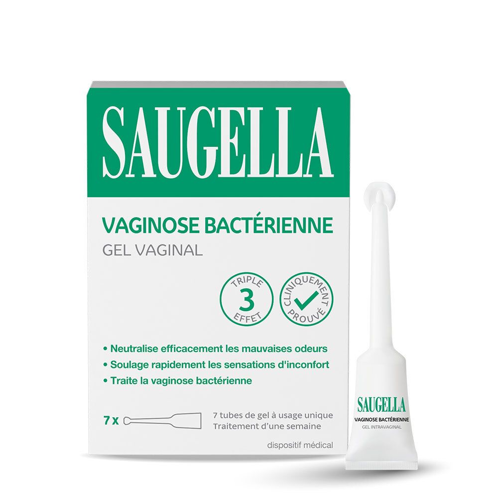 Boîte et applicateur de Saugella Vaginose Bactérienne Gel Vaginal. Inscription: Vaginose Bactérienne, Gel Vaginal, 7 tubes.