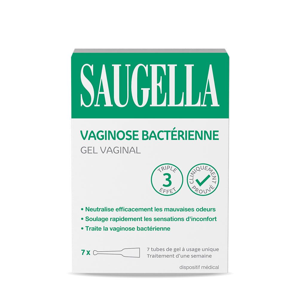 Saugella Vaginose Bactérienne Gel Vaginal. Boîte blanche avec texte vert. Inscription: Vaginose Bactérienne, Gel Vaginal, 7 tubes.