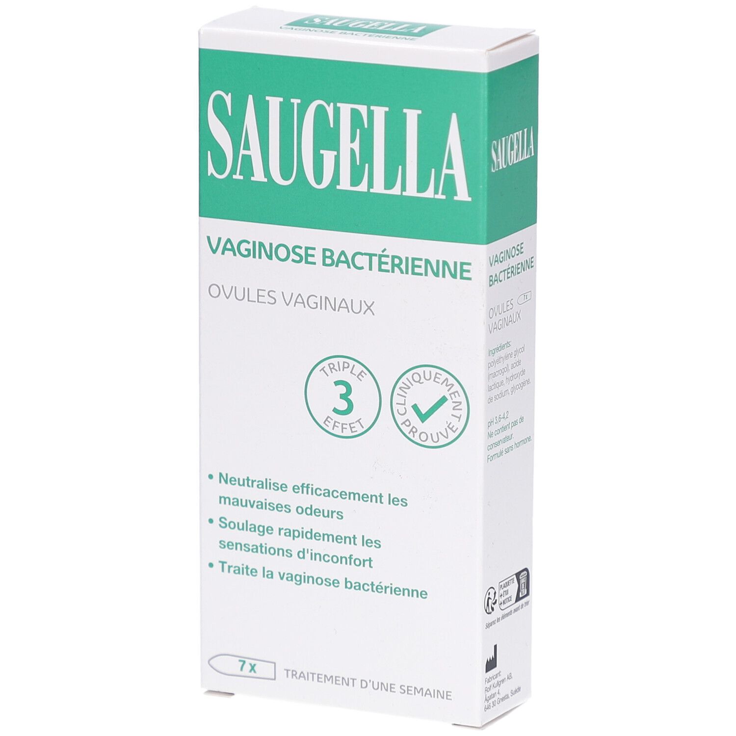 Boîte SAUGELLA. Carton blanc et vert. Texte: Vaginose bactérienne, Ovules vaginaux. 7 ovules. Triple effet. Cliniquement prouvé.