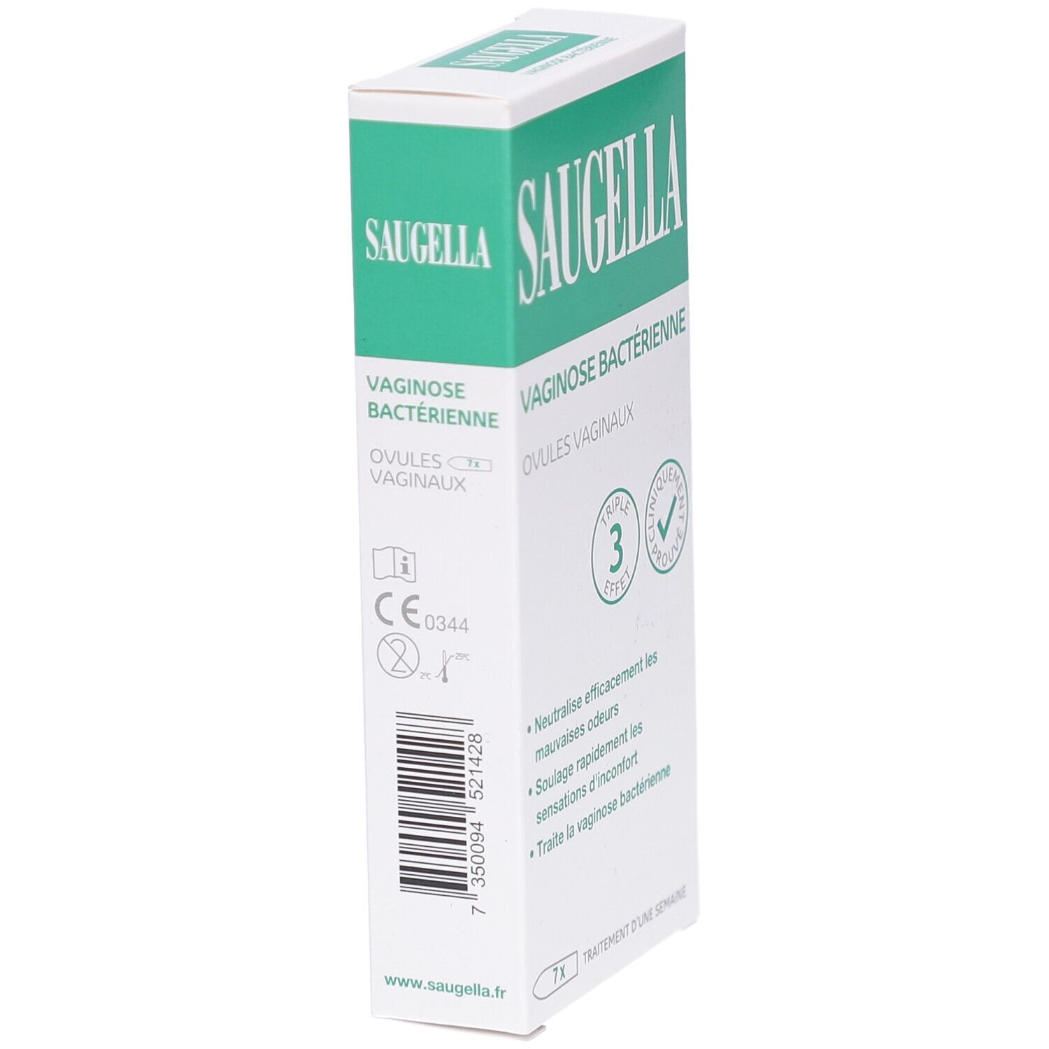Boîte SAUGELLA en biais. Carton blanc et vert. Texte: Vaginose bactérienne, Ovules vaginaux. Code-barres et marquage CE.