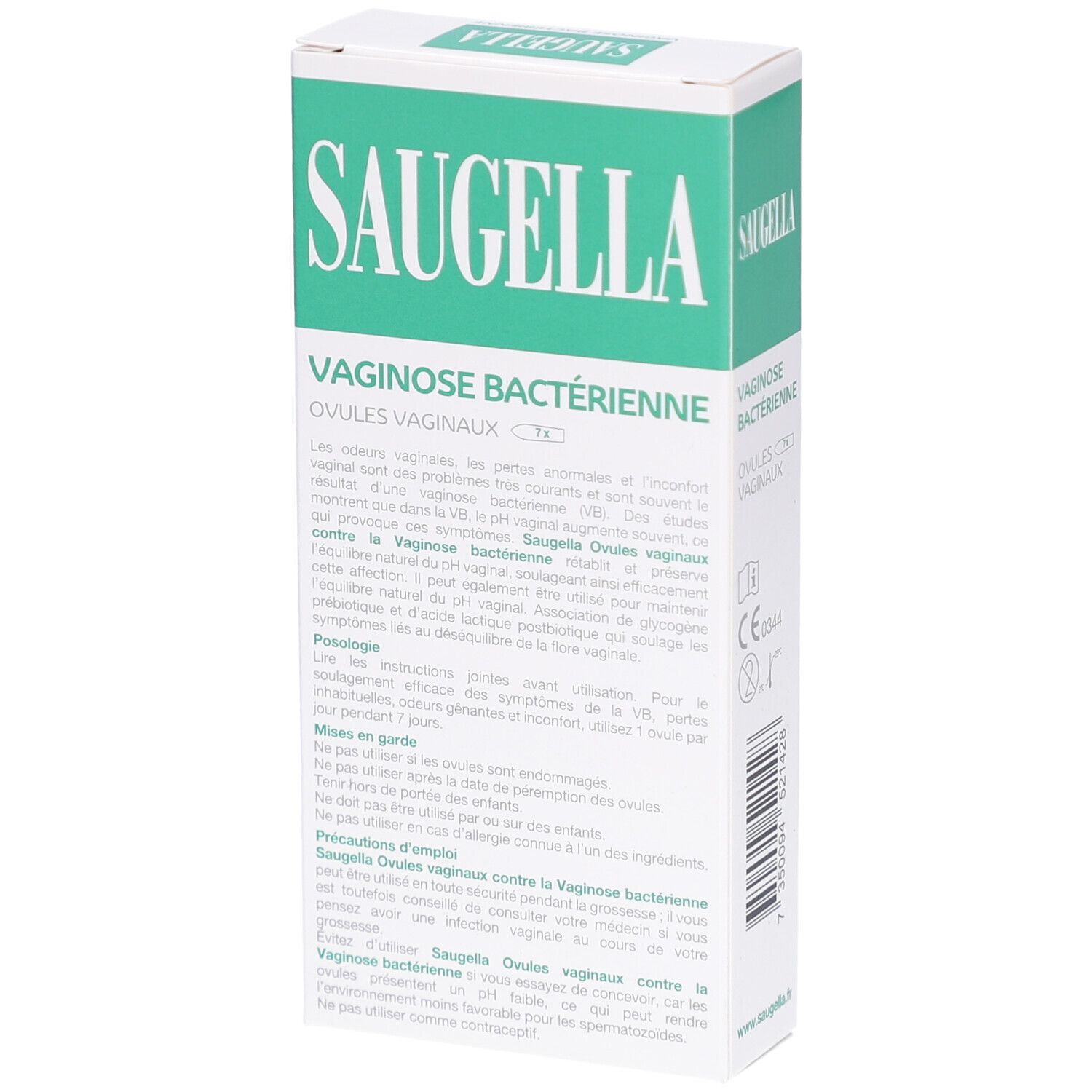 Dos de la boîte SAUGELLA. Texte: Vaginose bactérienne, Ovules vaginaux. Informations produit et mode d'emploi.