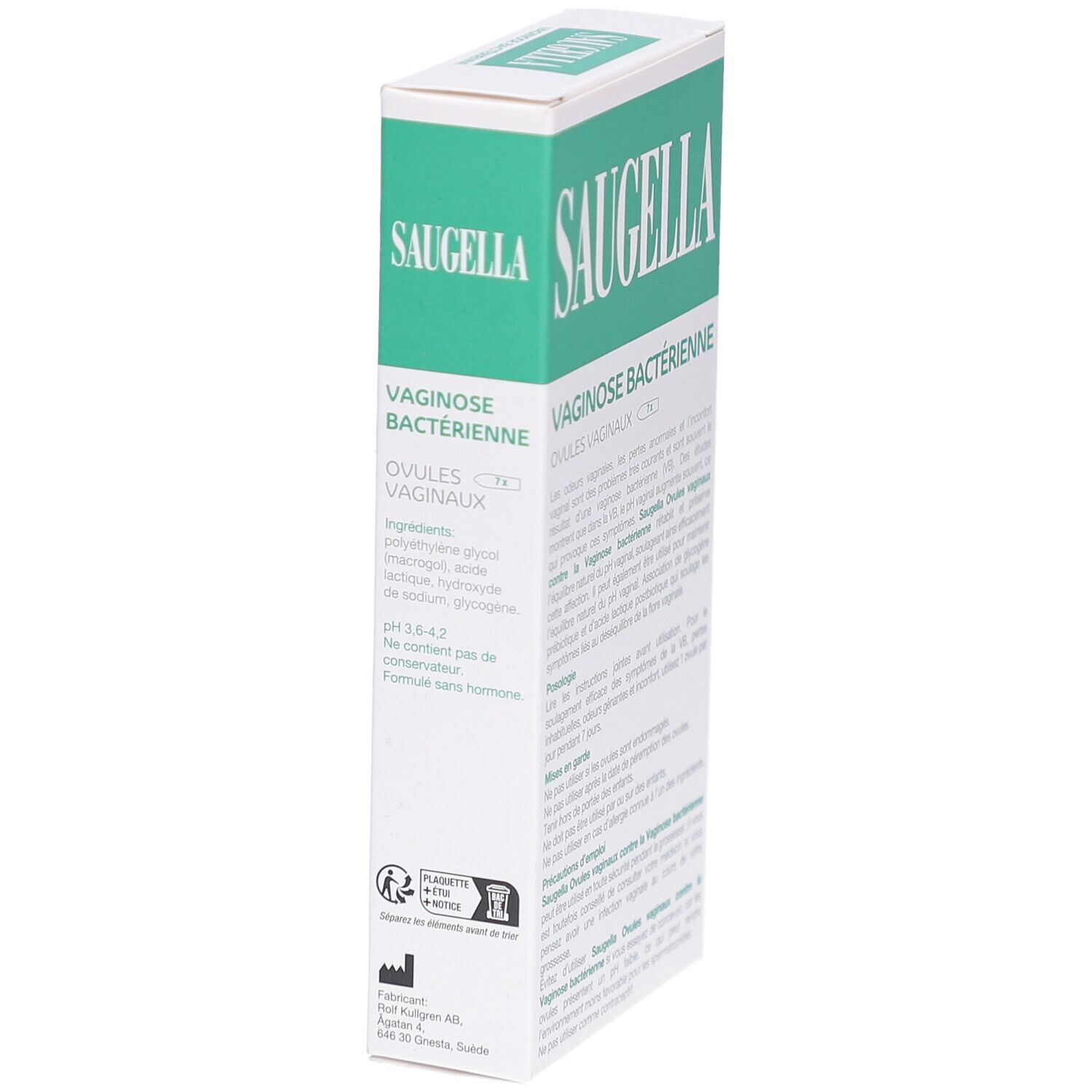 Côté de la boîte SAUGELLA. Texte: Vaginose bactérienne, Ovules vaginaux. Ingrédients et pH.