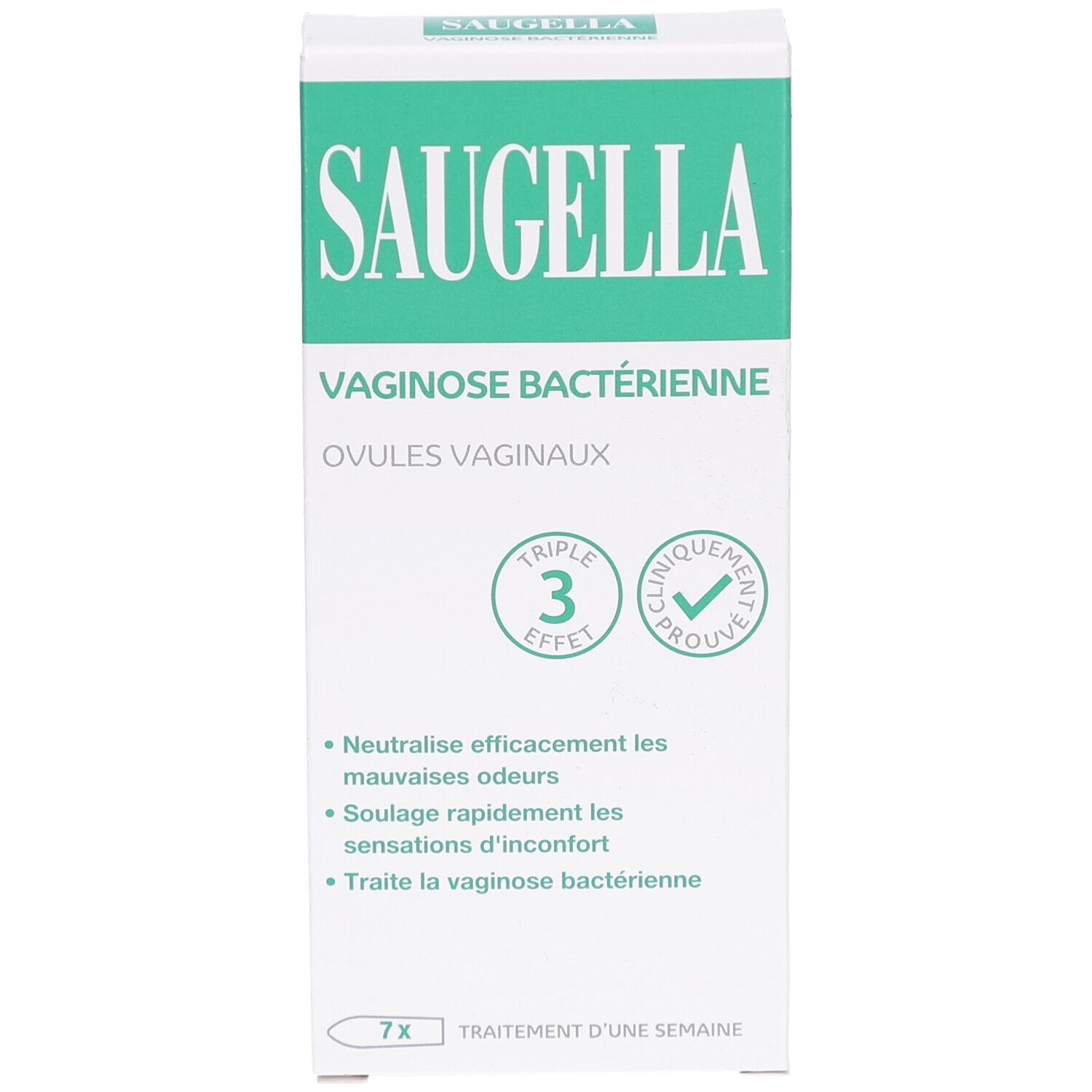 Boîte SAUGELLA. Carton blanc et vert. Texte: Vaginose bactérienne, Ovules vaginaux. 7 ovules. Triple effet. Cliniquement prouvé.