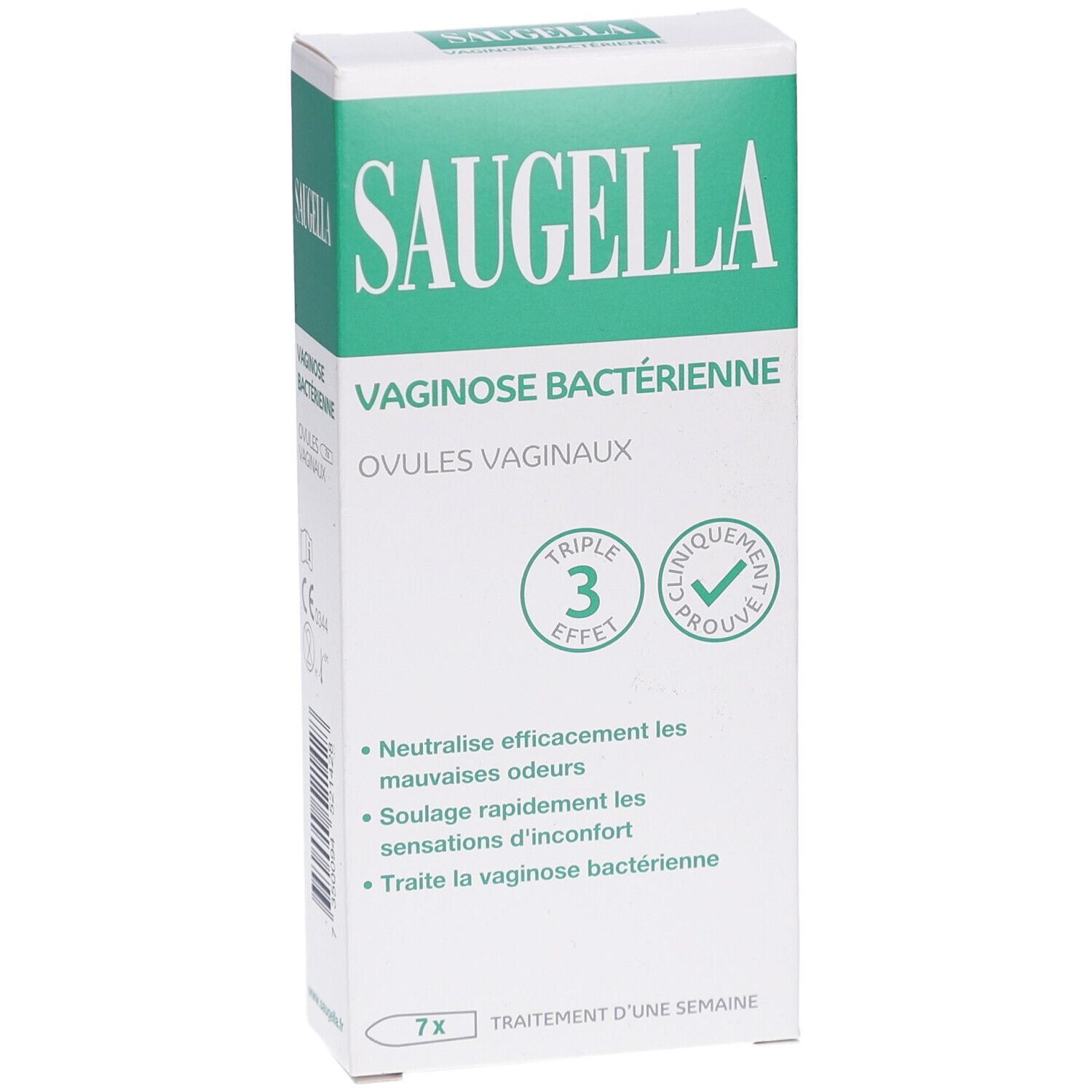 Boîte SAUGELLA. Carton blanc et vert. Texte: Vaginose bactérienne, Ovules vaginaux. 7 ovules. Triple effet. Cliniquement prouvé.