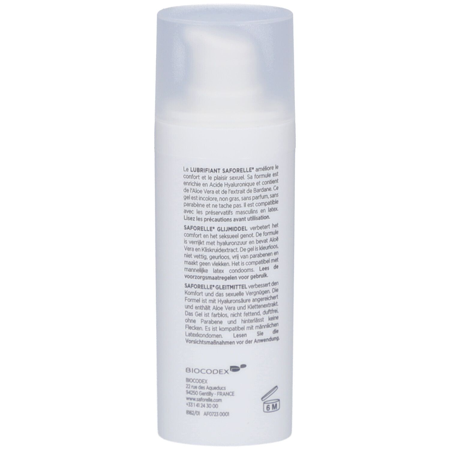 Dos du flacon blanc. Texte multilingue. Informations fabricant. Symbole 6M.