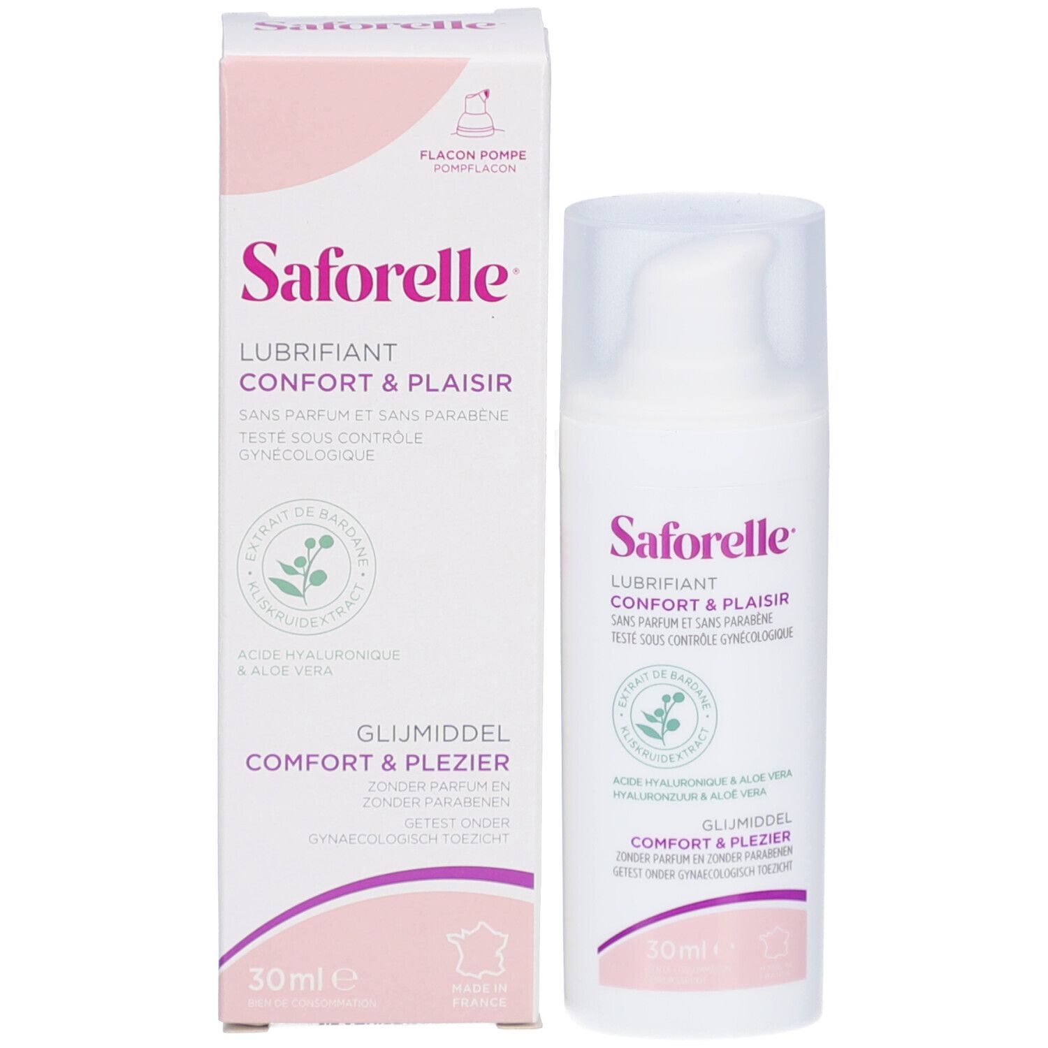 Produit et emballage. Boîte blanche avec accents roses. Inscription: S. Lubrifiant Confort & Plaisir. 30ml.