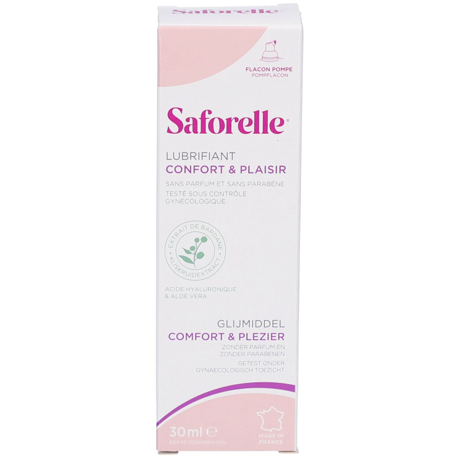 Emballage blanc avec accents roses. Inscription: S. Lubrifiant Confort & Plaisir. 30ml. Logo végétal.