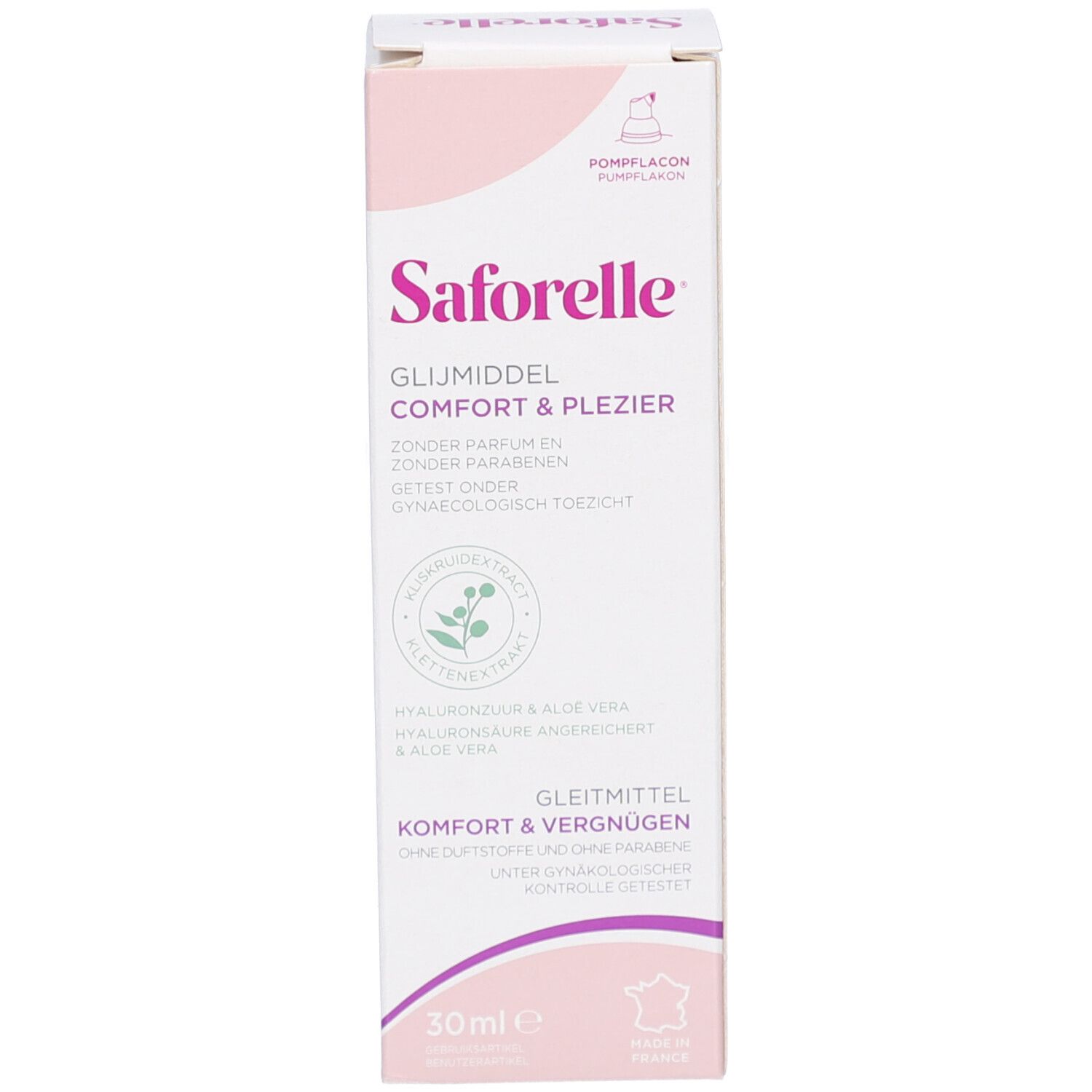 Côté de l'emballage. Texte multilingue. Inscription: S. Lubrifiant Confort & Plaisir. 30ml.