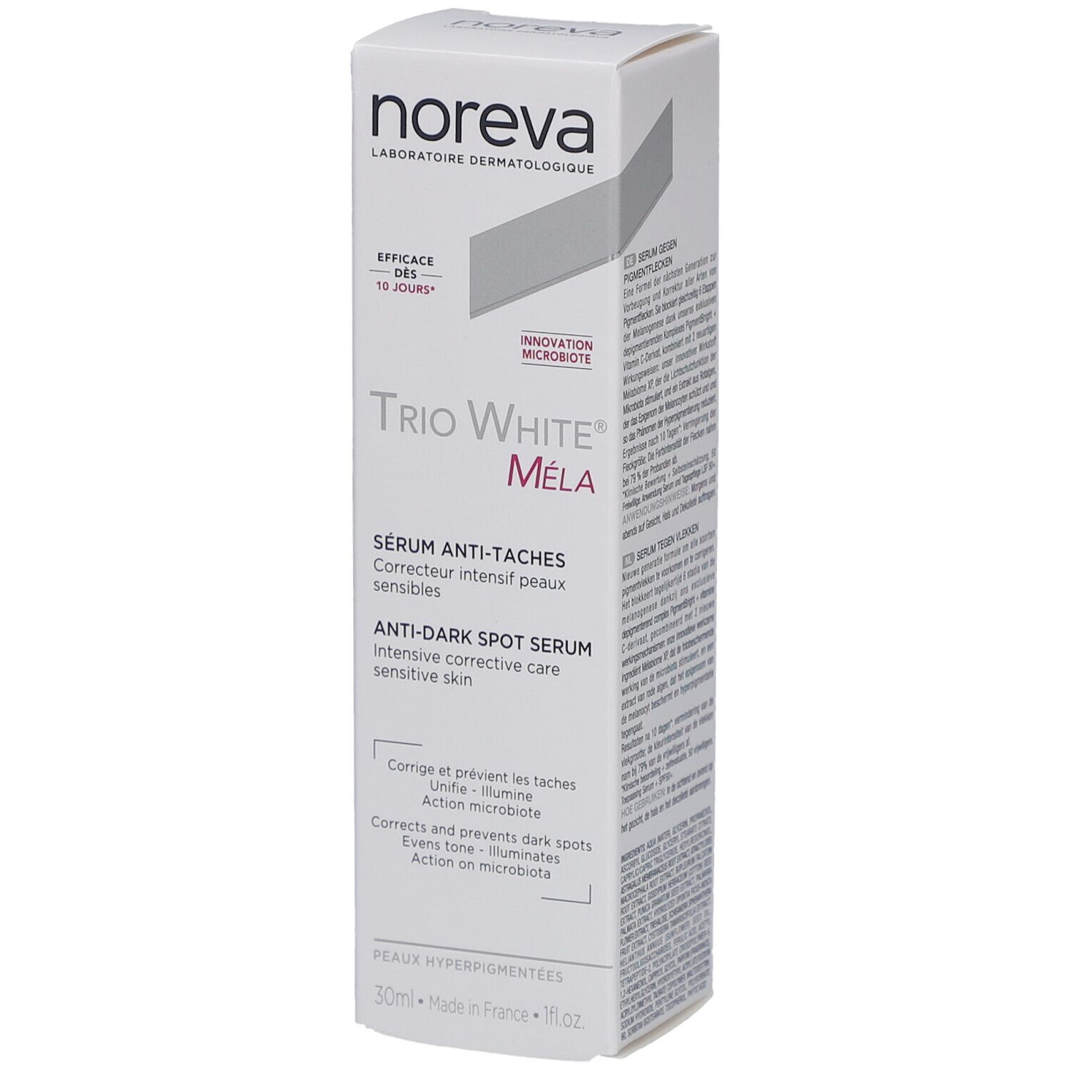 Boîte blanche NOREVA Trio White Méla. Sérum anti-taches, 30ml. Inscriptions et logo. Informations produit et mentions.