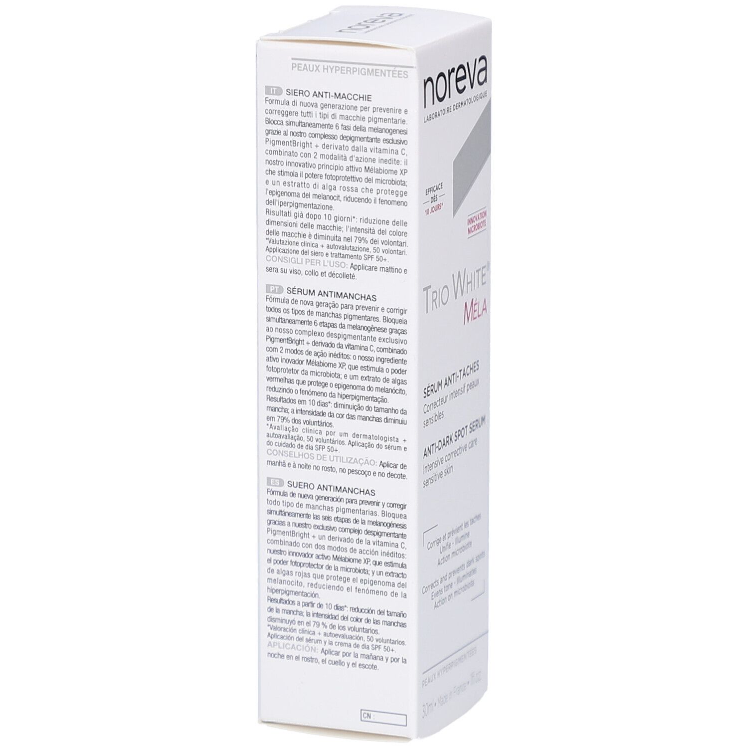 Boîte blanche NOREVA Trio White Méla. Informations produit en plusieurs langues. Inscriptions et mentions.