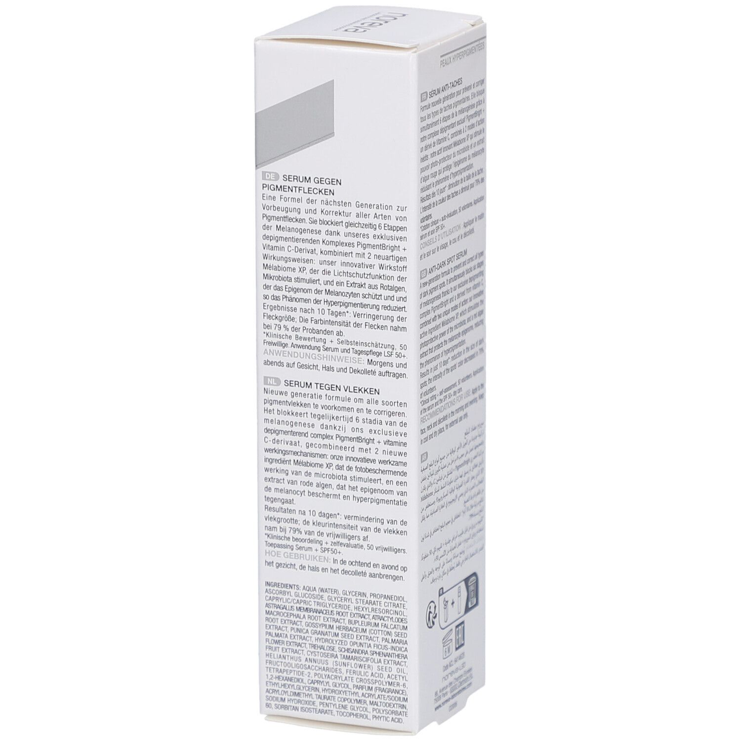 Boîte blanche NOREVA Trio White Méla. Informations produit en plusieurs langues. Inscriptions et mentions.