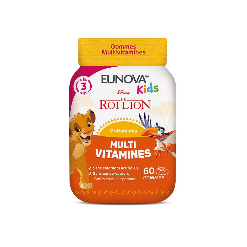 Flacon de gommes multivitamines EUNOVA Kids. Illustration du Roi Lion. Contient 9 vitamines. 60 gommes. Sans colorants ni conservateurs artificiels.