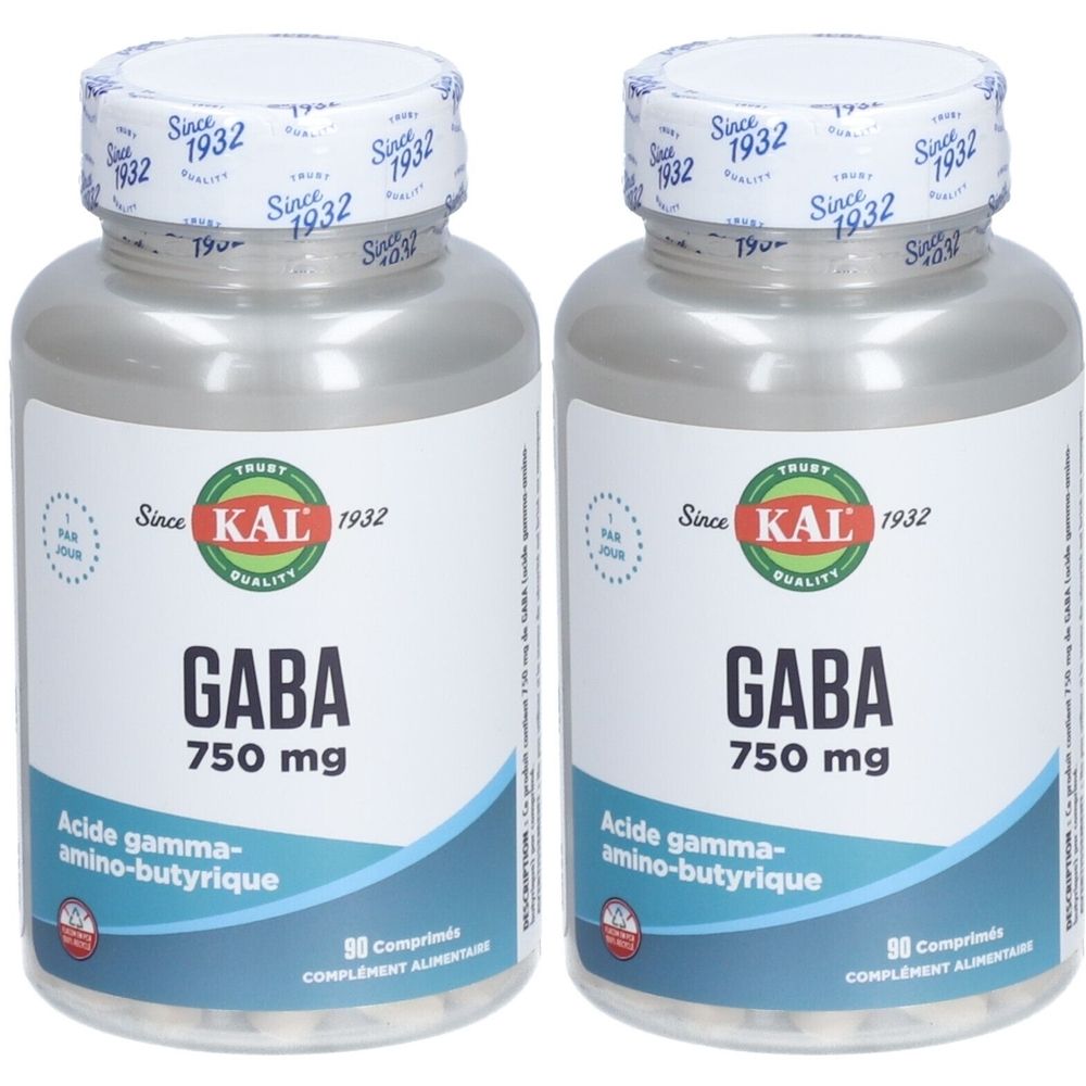 Deux flacons avec étiquette blanche. Inscription : GABA 750 mg. Marque : KAL. Bouchon avec inscription : Since 1932.