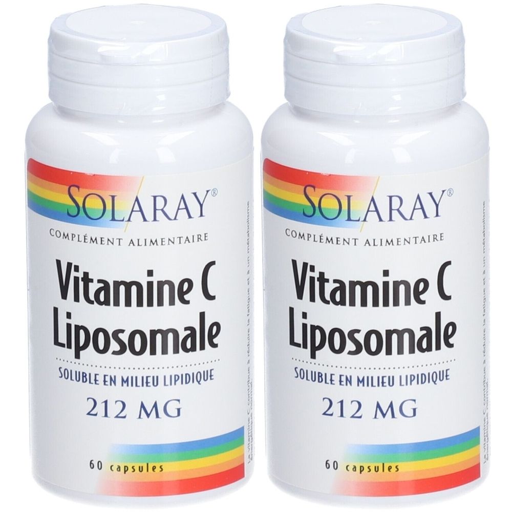 Deux flacons blancs de SOLARAY Vitamine C Liposomale. Inscription : 212 MG, 60 capsules. Logo arc-en-ciel.