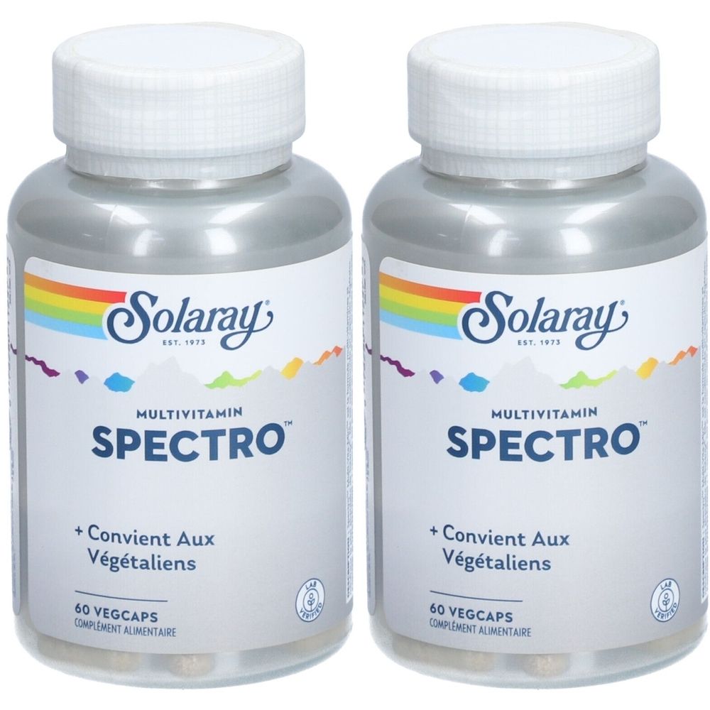 Deux flacons avec bouchons blancs. Inscription: Solaray, Spectro Multivitamin. Contient 60 Vegcaps. Convient aux végétaliens.