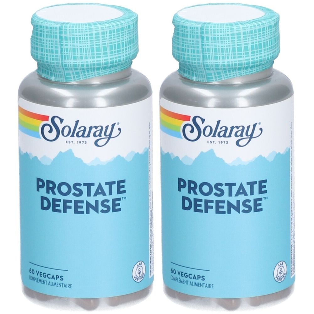 Deux flacons Prostate Defense, marque Solaray. Étiquette bleu clair. 60 Vegcaps. Bouchon et opercule bleu clair. Logo arc-en-ciel.