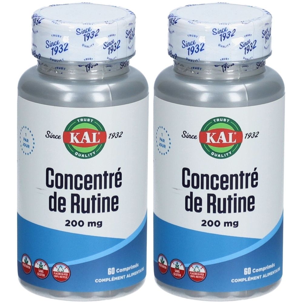 Deux flacons de Concentré de Rutine 200 mg, étiquettes bleues et blanches. Inscription: KAL, 60 comprimés. Bouchons blancs.