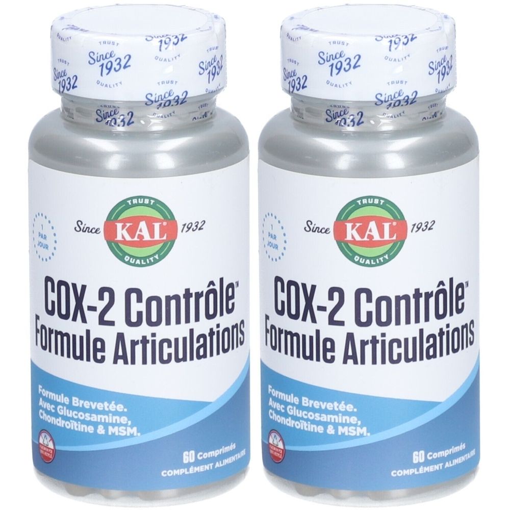 Deux flacons avec étiquette blanche. Inscription: COX-2 Contrôle Formule Articulations. Contient 60 comprimés. Marque: KAL.