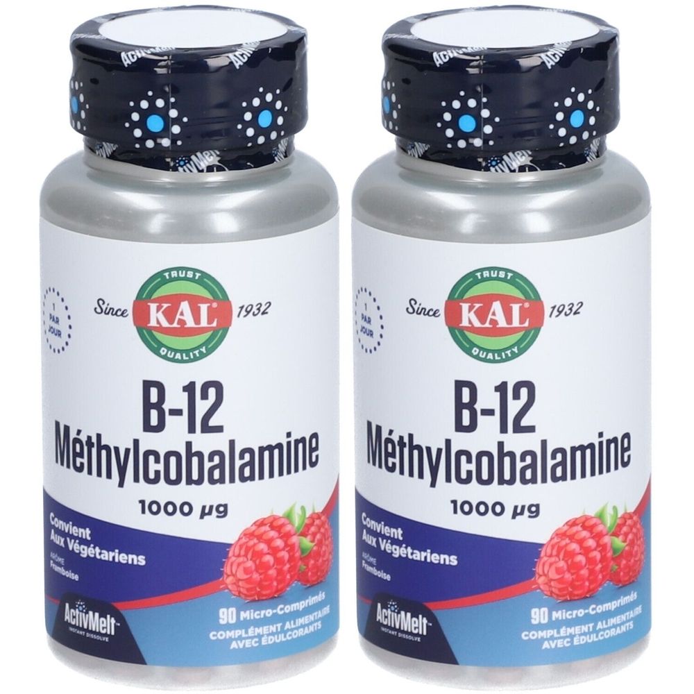 Deux flacons avec étiquette blanche. Inscription: KAL B-12 Méthylcobalamine 1000 µg. Image de framboises. Bouchon à motif bleu.
