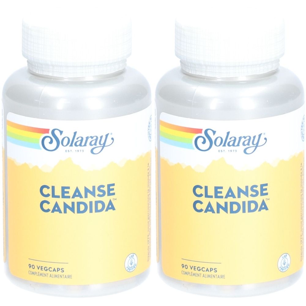 Deux flacons avec bouchons blancs. Inscription: Solaray, Cleanse Candida. Fond jaune avec arc-en-ciel. 90 Vegcaps.