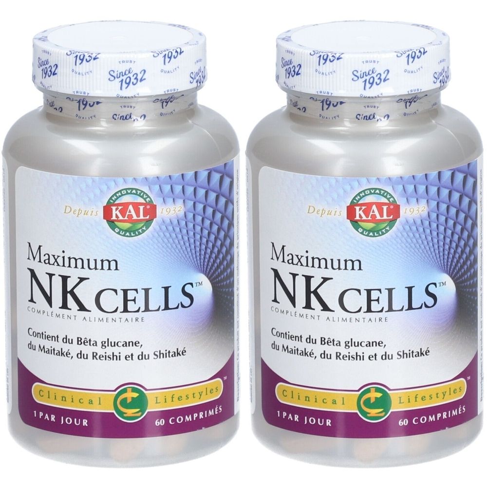 Deux flacons avec étiquette. Inscription: Maximum NK Cells, KAL. Contient bêta-glucane, maitake, reishi et shitake. 60 comprimés.