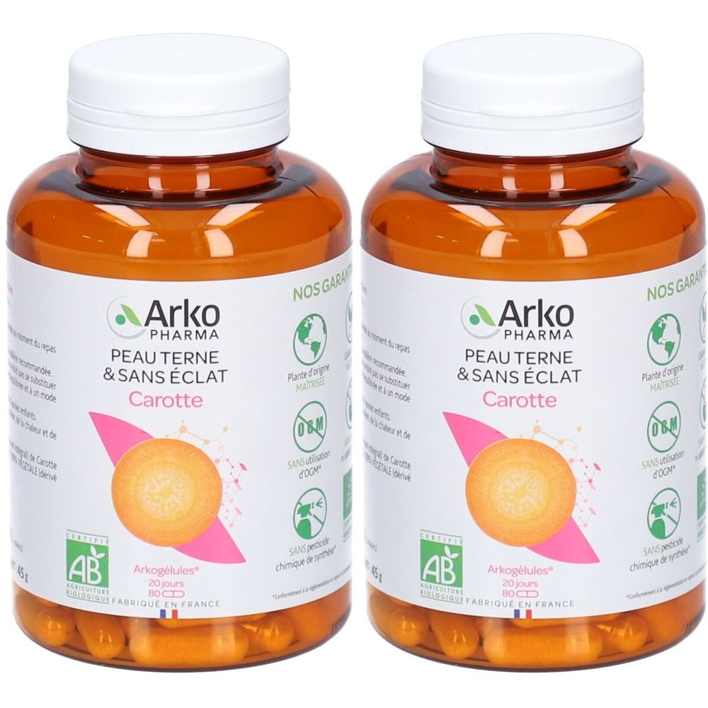 Deux flacons de gélules. Étiquettes : "Arko Pharma", "Peau Terne & Sans Éclat Carotte". Label AB-Bio visible.