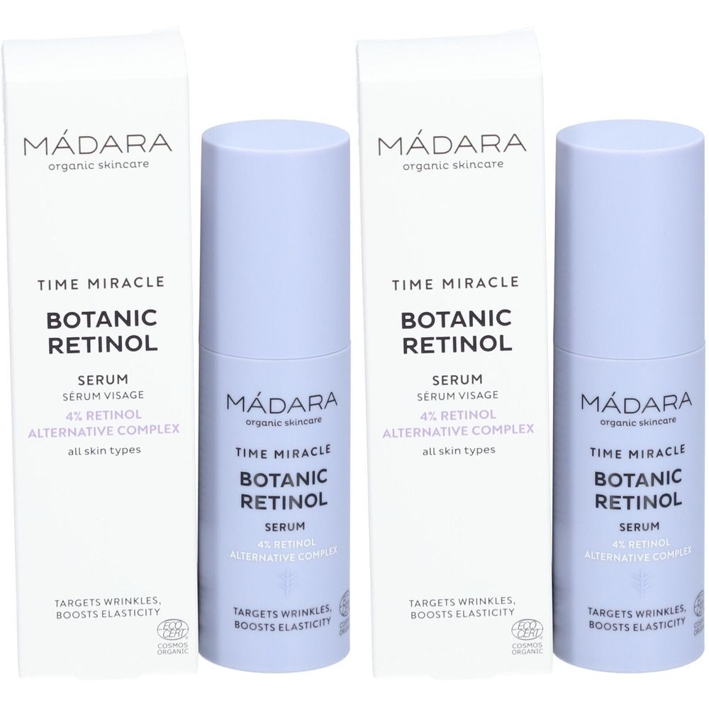 Deux flacons et deux boîtes de MADARA Time Miracle Botanic Retinol. Inscription : Sérum, 4% Rétinol, Alternative Complex.