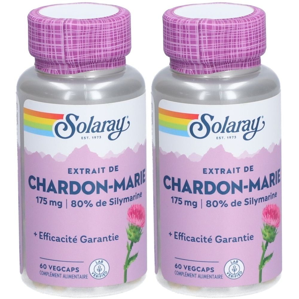 Deux flacons de SOLARAY Extrait de Chardon-Marie. Étiquettes blanches avec texte violet et arc-en-ciel. Bouchons violets. 60 gélules.