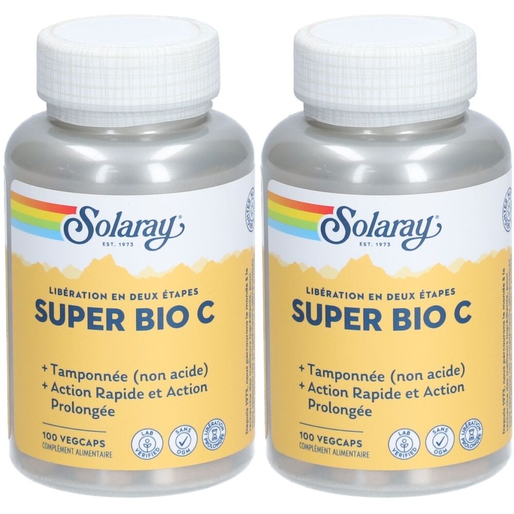 Deux flacons avec bouchons blancs. Étiquette jaune avec SUPER BIO C, logo Solaray, texte. 100 Vegcaps.